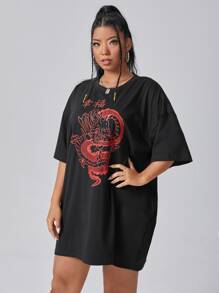 Flirla Plus Drop Shoulder Chinese Letter & Dragon Print Tee - Black - View 5