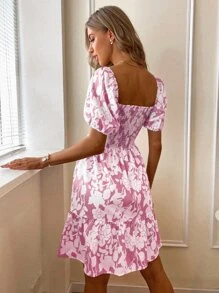 印花打褶荷葉邊下擺連衣裙 - 粉色 - 查看 2