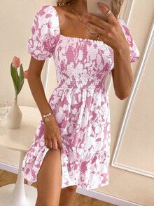 印花打褶荷葉邊下擺連衣裙 - 粉色 - 查看 6