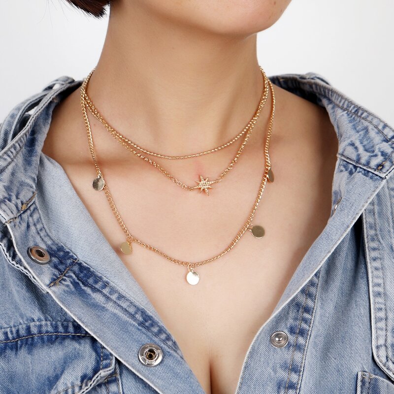 

Coin & Star Layered Necklace, Gold
