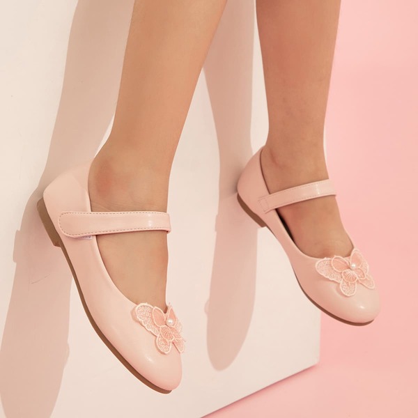 

Girls Faux Pearl Decor Velcro Strap Flats, Baby pink