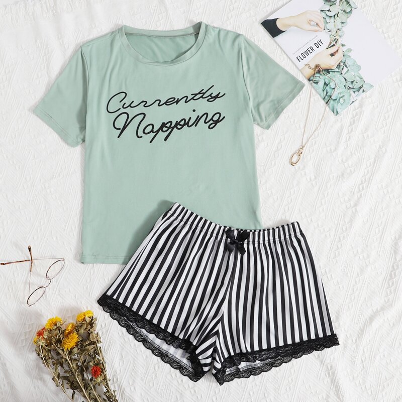 

Striped And Slogan Graphic Contrast Lace Bow Front PJ Set, Multicolor