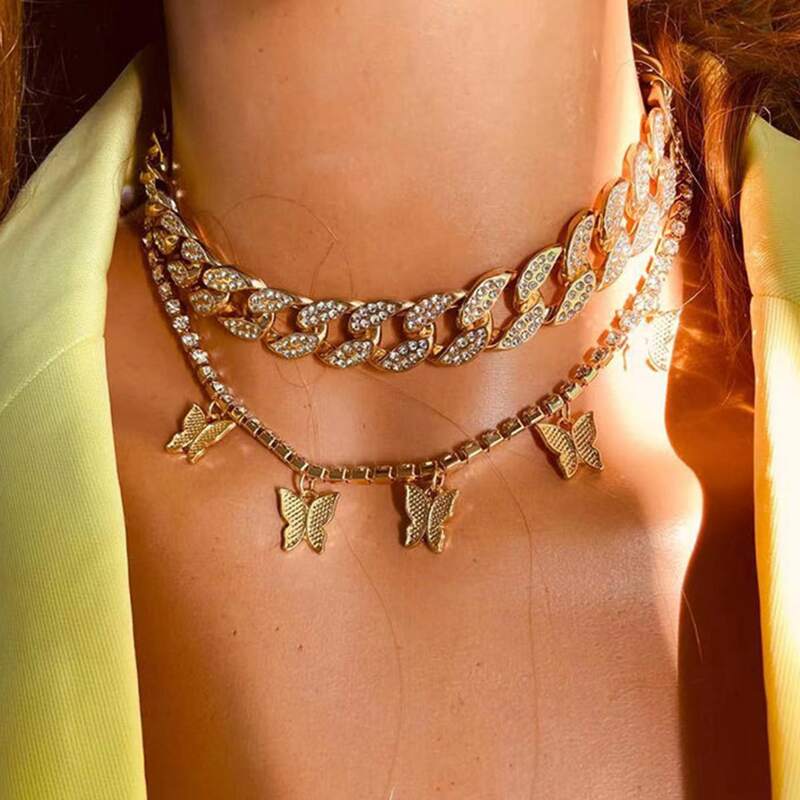 

Rhinestone & Butterfly Chain Necklace, Gold