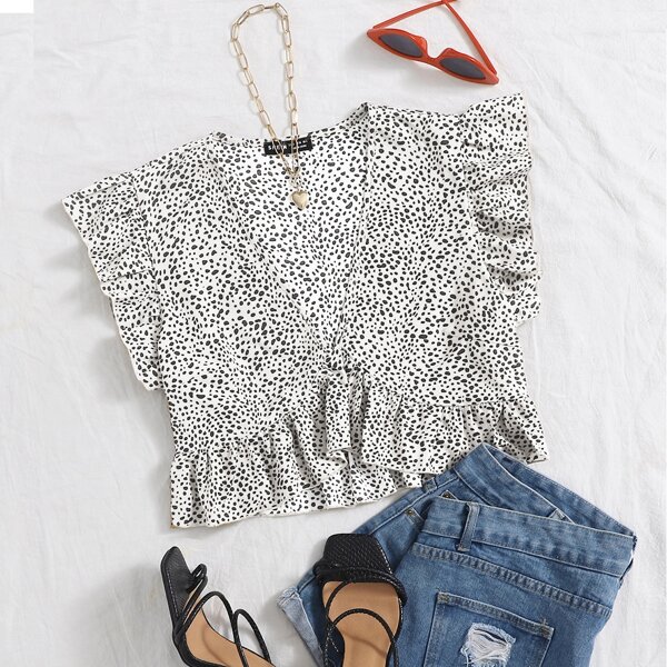 

Ruffle Hem Allover Print Blouse, White