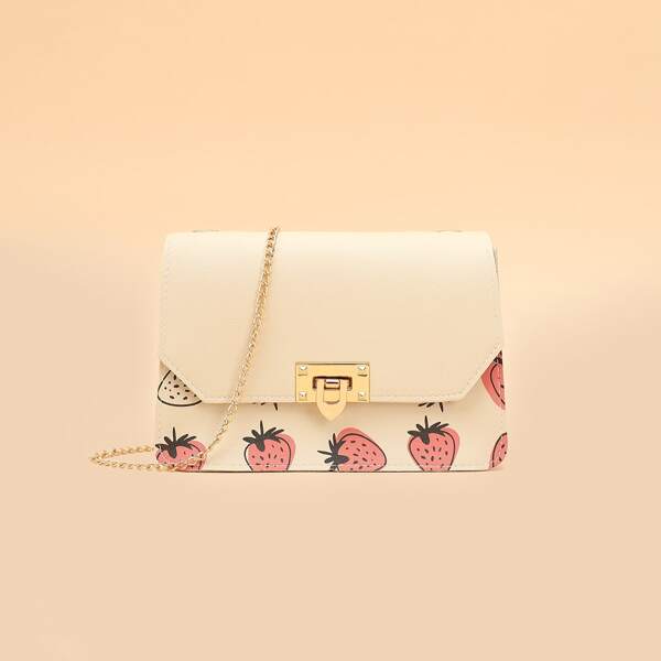 

Strawberry Print Chain Crossbody Bag, Beige
