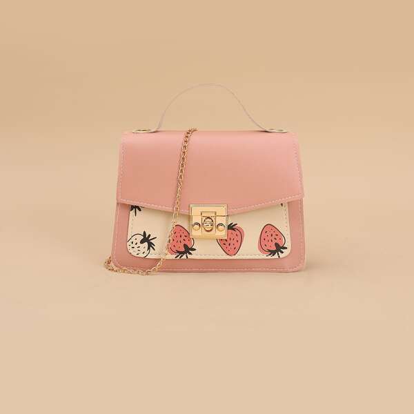 

Strawberry Print Satchel Bag, Pink
