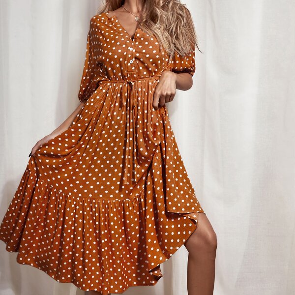 

Polka Dot Belted A-line Dress, Brown