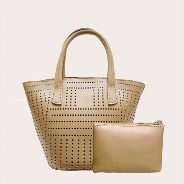 

Hollow Out Tote Bag With Inner Pouch, Khaki