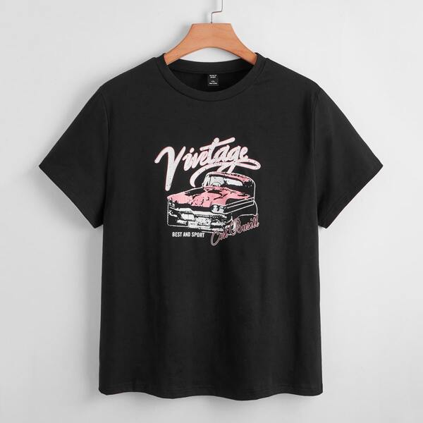 

Plus Letter And Car Print Tee, Black