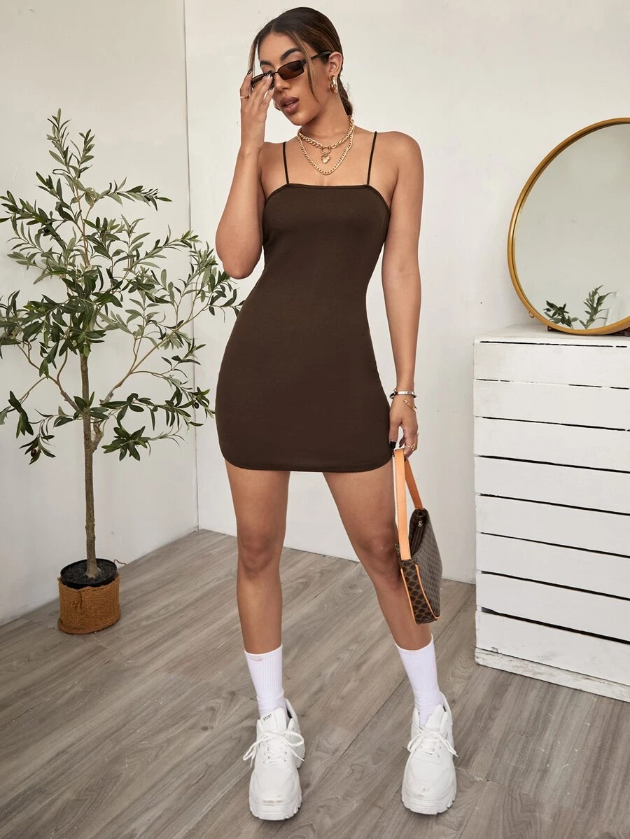 SHEIN EZwear Solid Mini Bodycon Dress - Chocolate Brown - View 1
