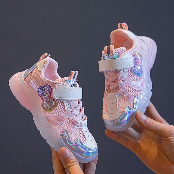 

Girls Holographic Detail Velcro Strap Sneakers, Baby pink