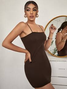 SHEIN EZwear Solid Mini Bodycon Dress - Chocolate Brown - View 3