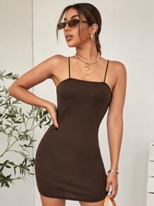 SHEIN EZwear Solid Mini Bodycon Dress - Chocolate Brown - View 5