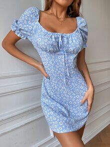 Vestido Volante fruncido floral de margarita Bohemio - Celeste - Ver 5