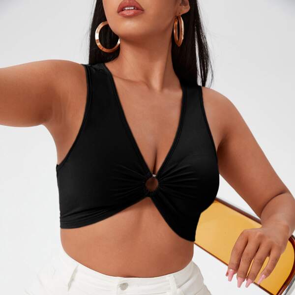 

Plus O-ring Plunging Neck Tank Top, Black
