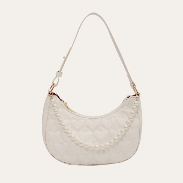 

Faux Pearl Beaded Heart Pattern Baguette Bag, White