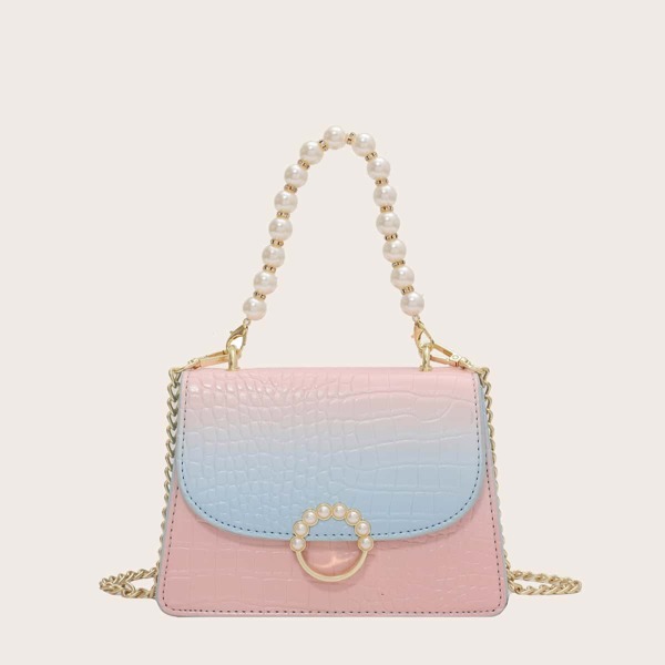 

Faux Pearl Decor Ombre Croc Embossed Chain Bag, Blue