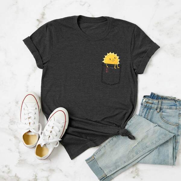 

Plus Cartoon Graphic Round Neck Tee, Dark grey