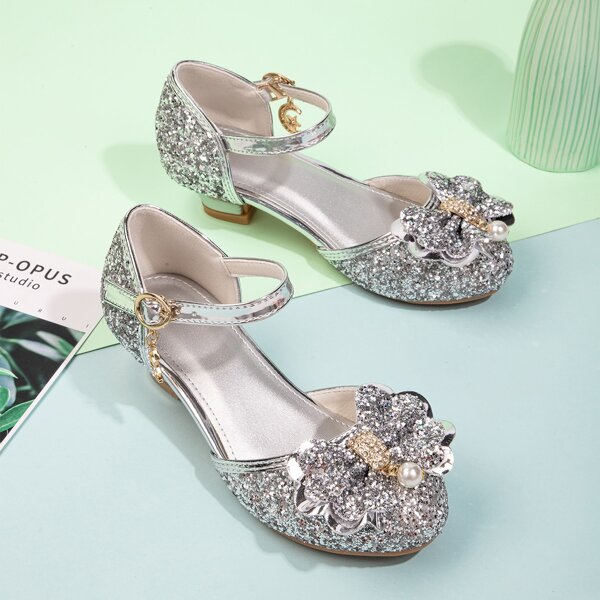 

Girls Glitter Bow Decor Flats, Silver