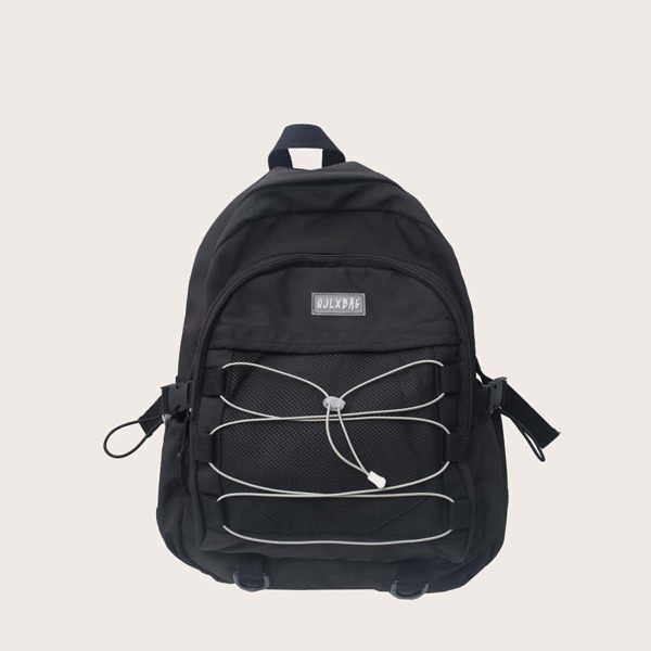 

Men Drawstring Decor Pocket Front Backpack, Black