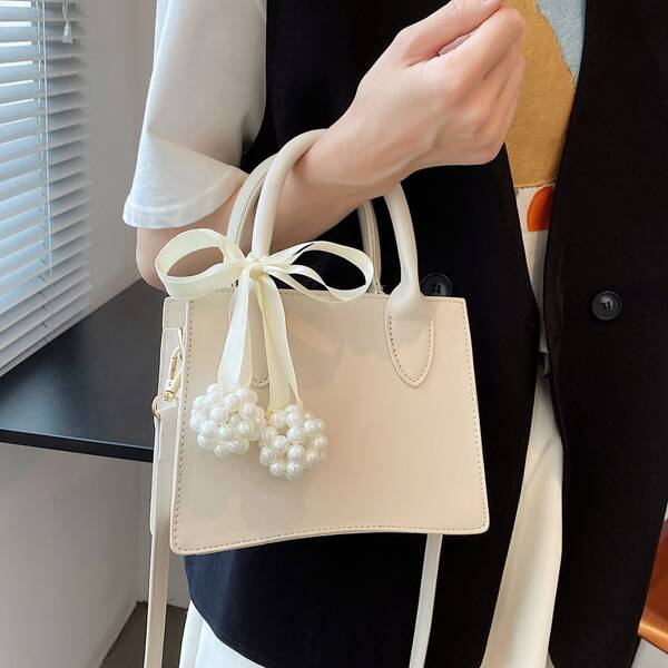 

Faux Pearl & Bow Decor Satchel Bag, White