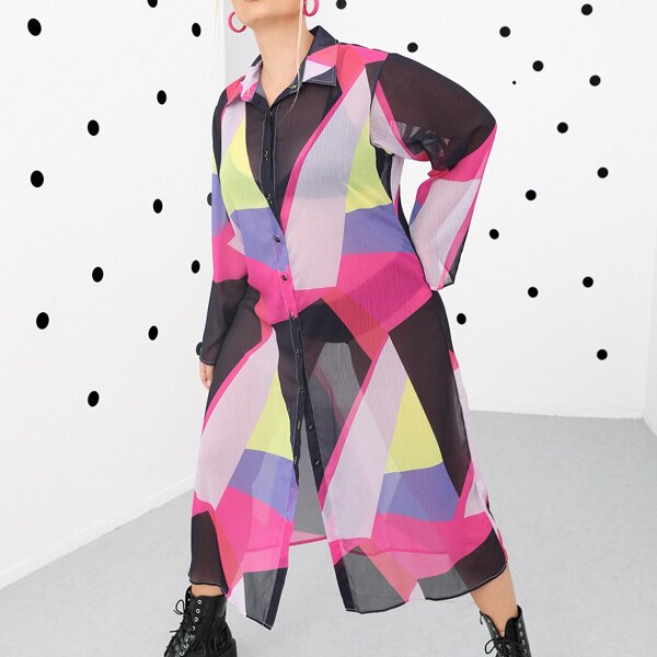 

Plus Colorblock Button Front Sheer Shirt Dress Without Lingerie, Multicolor
