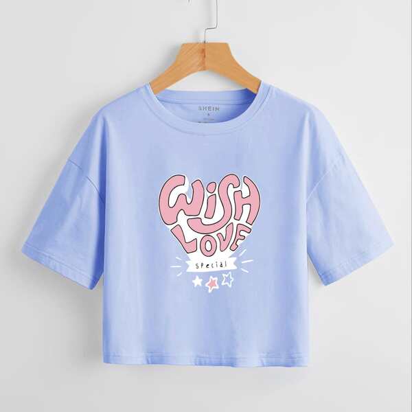

Slogan & Star Print Drop Shoulder Tee, Baby blue