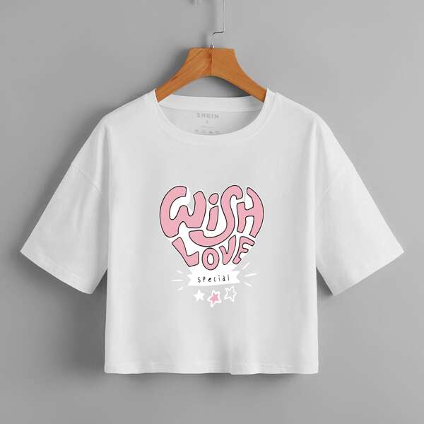 

Slogan & Star Print Drop Shoulder Tee, White