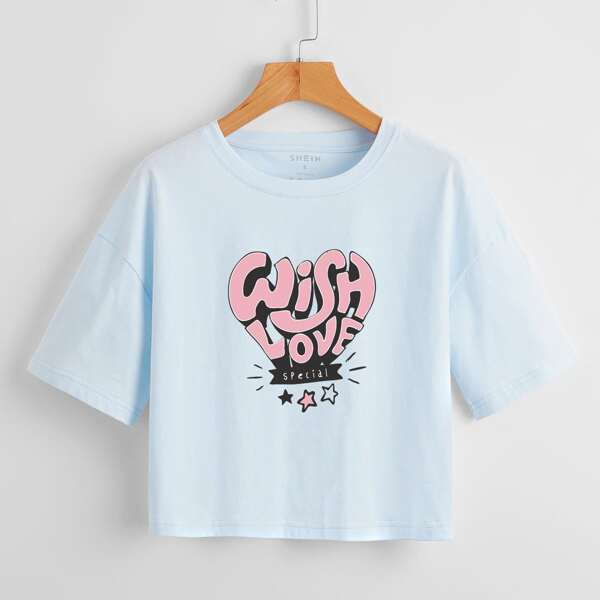 

Slogan & Star Print Drop Shoulder Tee, Baby blue