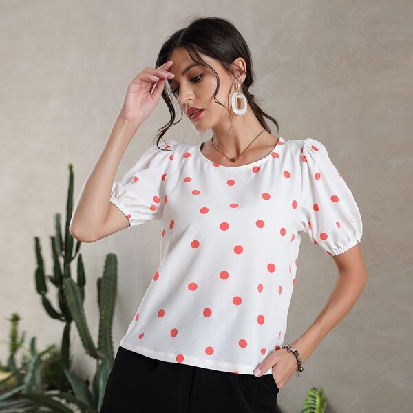 

Polka Dot Puff Sleeve Blouse, White