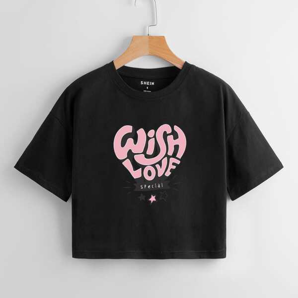 

Slogan & Star Print Drop Shoulder Tee, Black