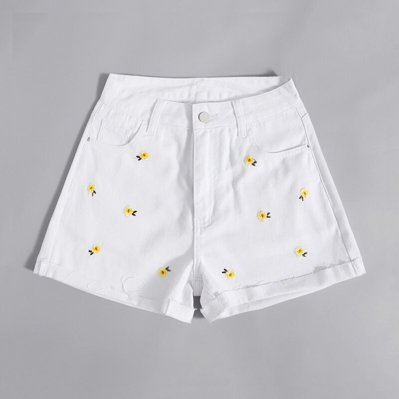 

Ditsy Floral Embroidery Cuffed Denim Shorts, White