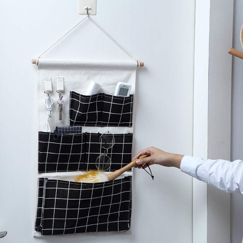 

1pc Grid Pattern Wall Hanging Storage Bag, Black