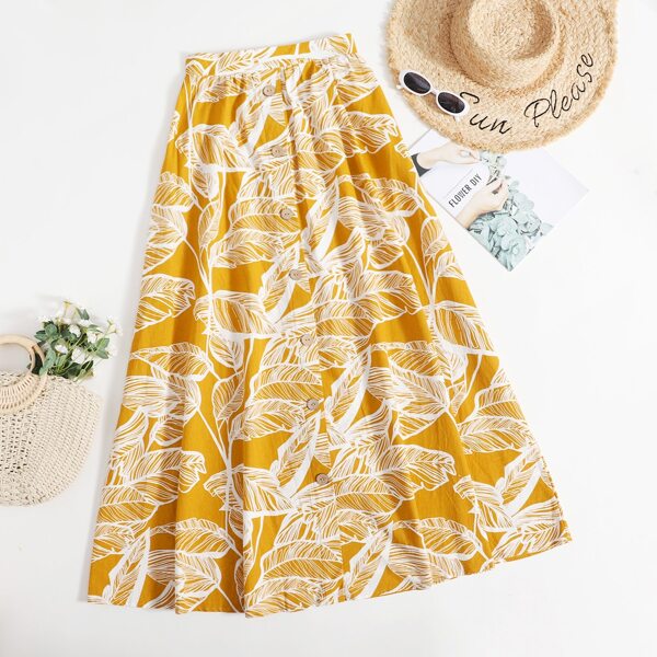 

Elastic Waist Button Front Tropical Skirt, Mustard yellow