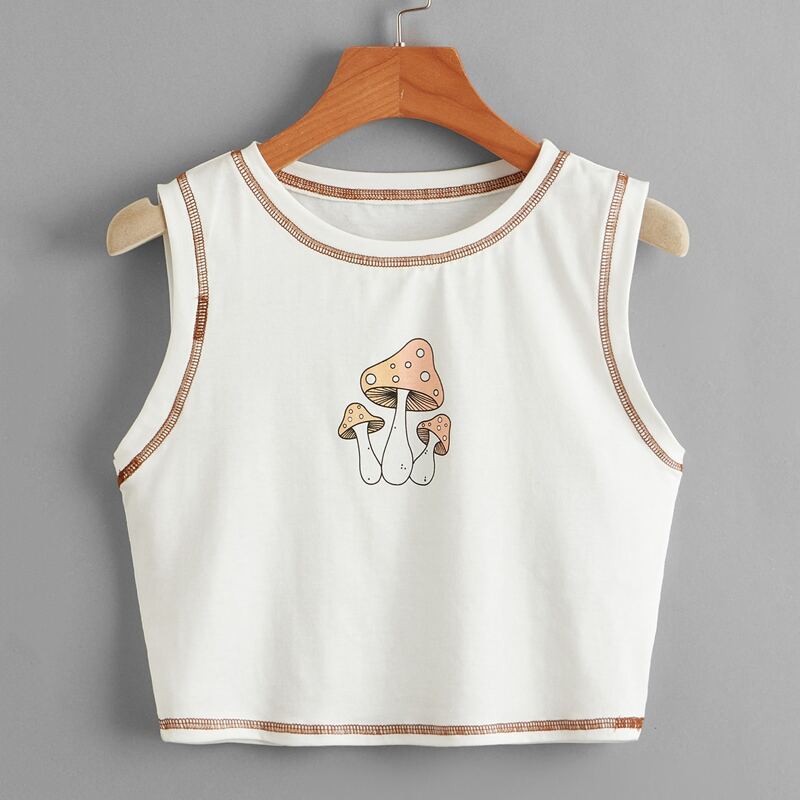 

Stitching Trim Mushroom Graphic Tank Top, White