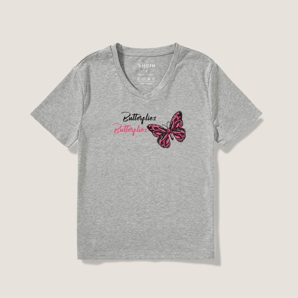 

Letter & Butterfly Print Short Sleeve Tee, Grey