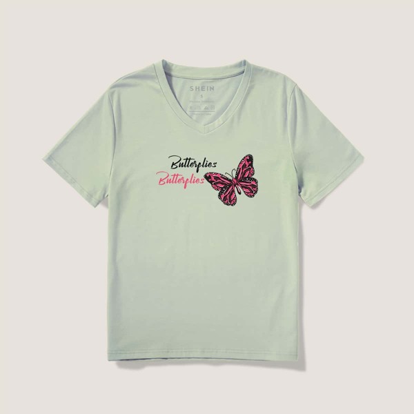 

Letter & Butterfly Print Short Sleeve Tee, Mint green