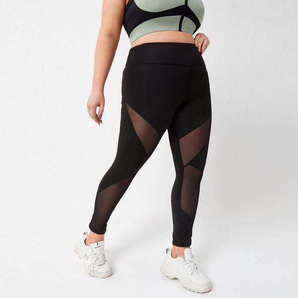 

Plus Contrast Mesh Sports Leggings, Black