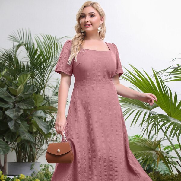 

Plus Square Neck Puff Sleeve High Waist Dress, Dusty pink