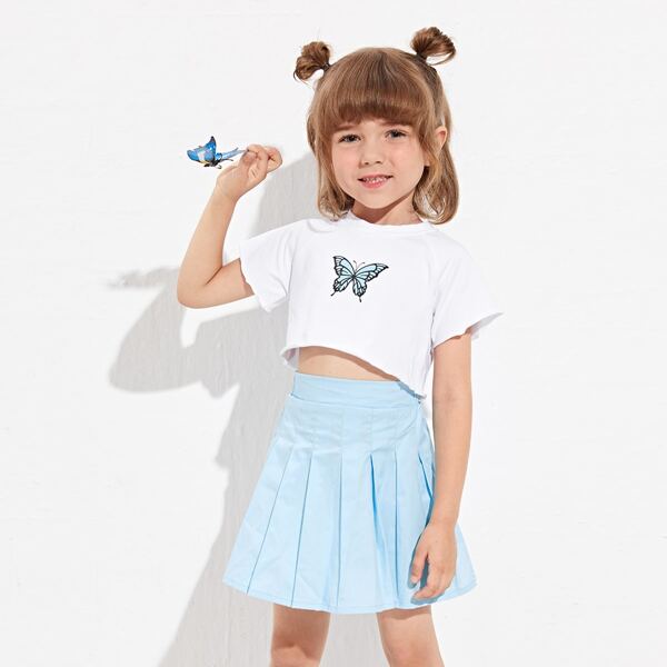 

Toddler Girls Butterfly Raglan Sleeve Tee & Pleated Skirt, Blue and white
