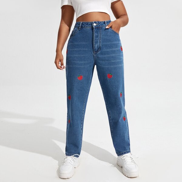

Plus Plants Embroidered High-rise Mom Jeans, Medium wash
