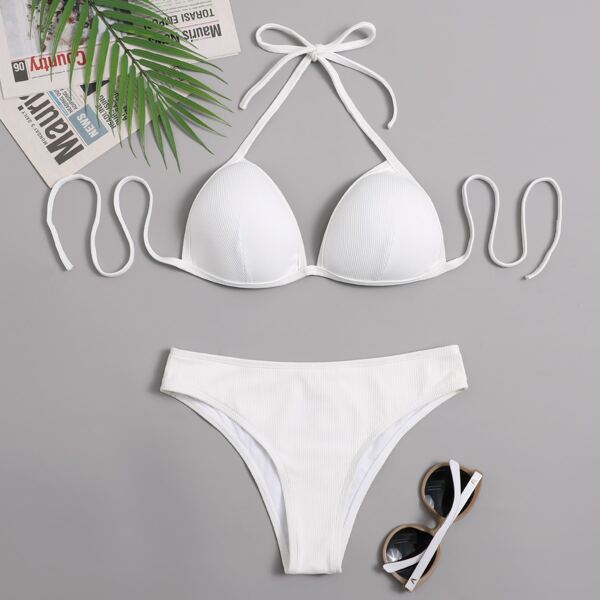 

Rib Underwire Halter Bikini Swimsuit, White