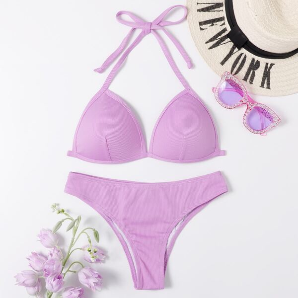 

Rib Underwire Halter Bikini Swimsuit, Purple