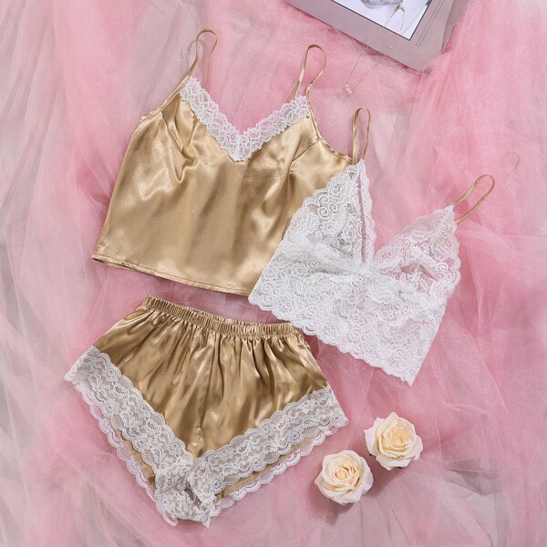 

3pc Contrast Lace Satin Night Set, Gold