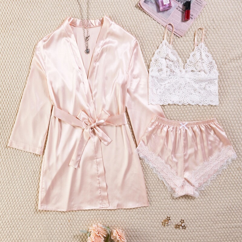 

3pc Contrast Lace Satin Night Set, Baby pink