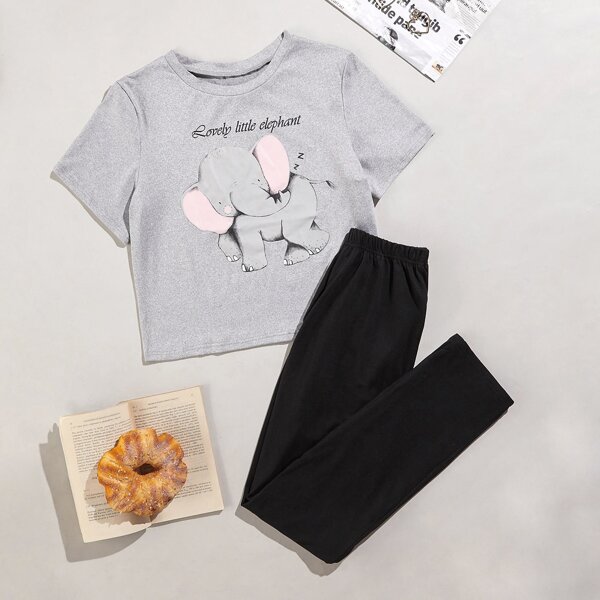 

Letter & Cartoon Graphic Tee and Pants PJ Set, Multicolor
