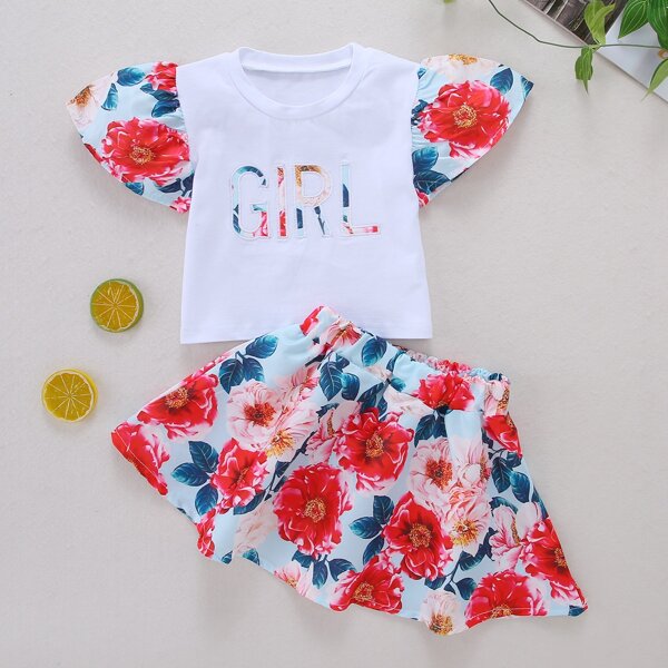 

Toddler Girls Letter Graphic Puff Sleeve Tee With Floral Skirt, Multicolor