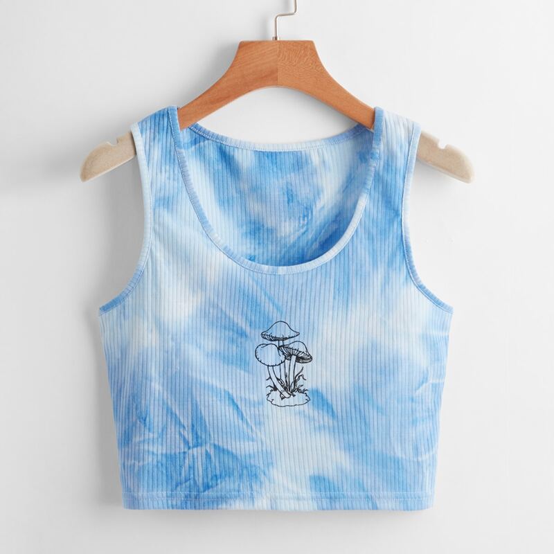 

Mushroom Graphic Tie Dye Ribbed Tank Top, Blue and white