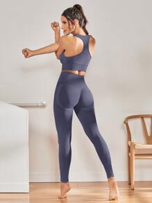 2pcs Seamless Fitness Yoga Suit Tracksuit Gym Set Racer Back Bra Tummy Control Tights - Violet Purple - View 1