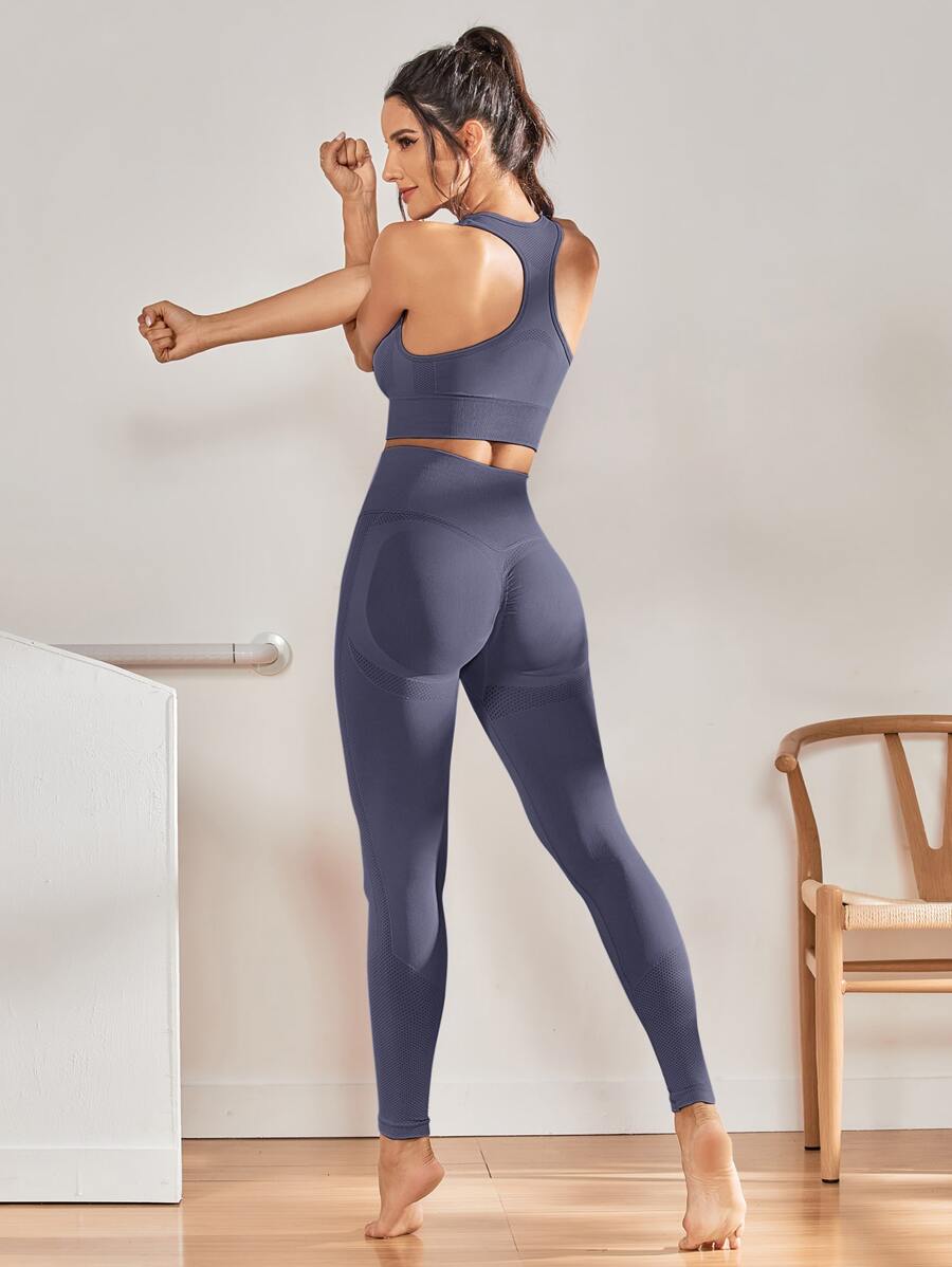 2pcs Seamless Fitness Yoga Suit Tracksuit Gym Set Racer Back Bra Tummy Control Tights - Violet Purple - View 1
